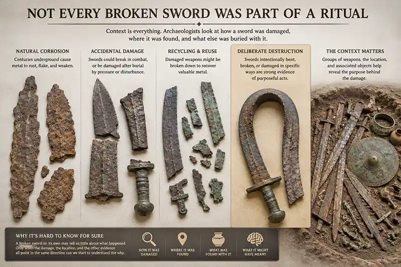 Broken ancient swords showing different types of archaeological damage