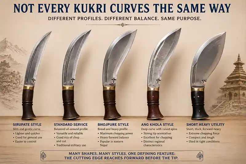 Different kukri blade styles showing variations in curve and profile