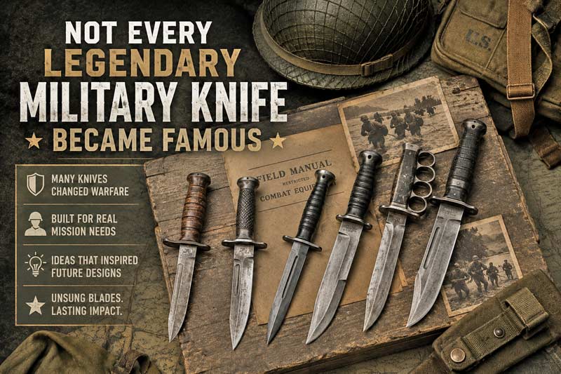 Historic military combat knives displayed with vintage battlefield gear.