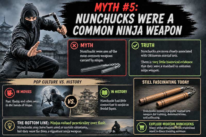 Infographic debunking the myth that nunchucks were a common ninja weapon.