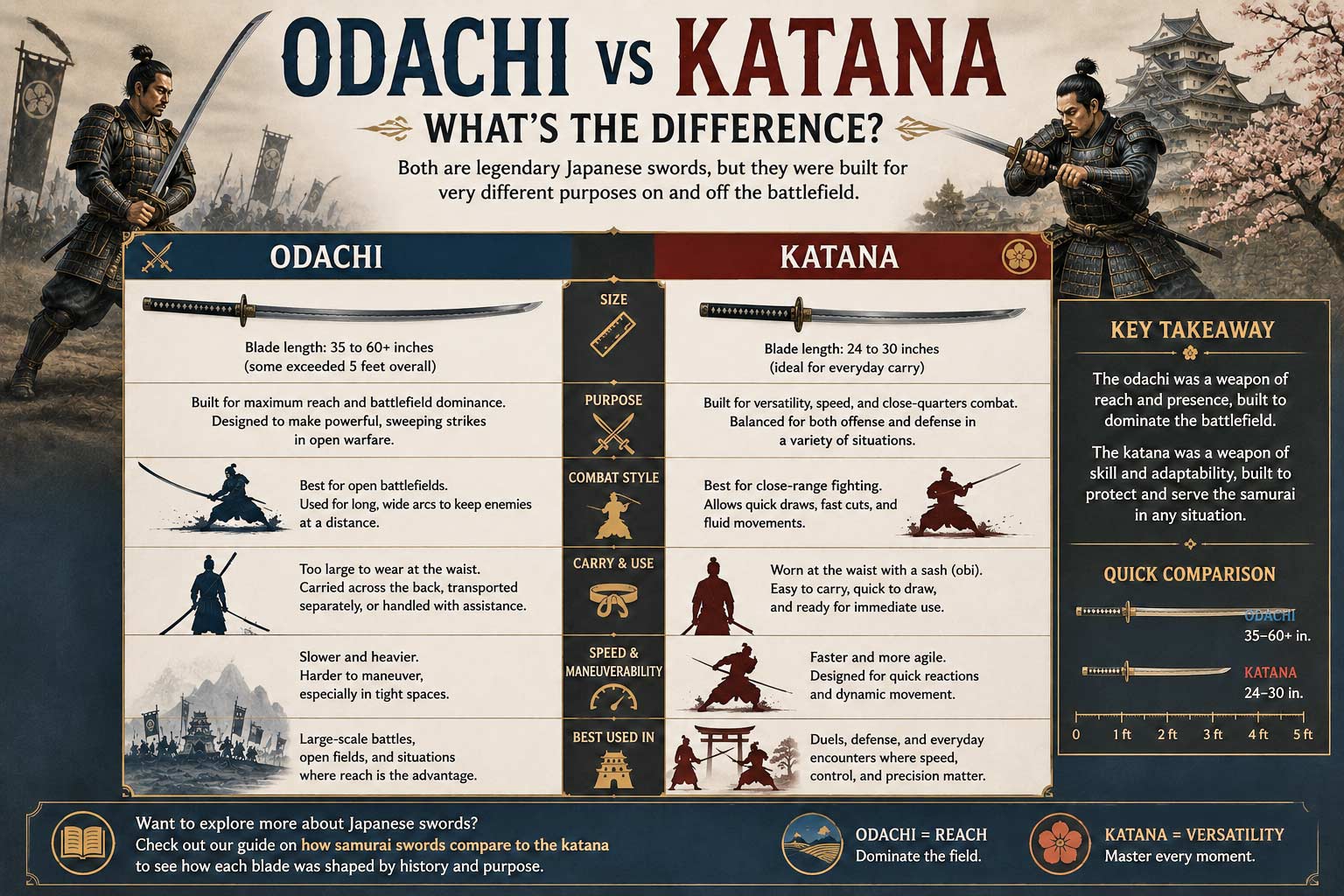 Infographic comparing odachi and katana swords, showing differences in size, battlefield role, combat style, carrying methods, and why giant samurai swords served different purposes than traditional katanas