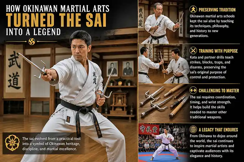 Okinawan martial artist practicing traditional sai kata inside a historic dojo.