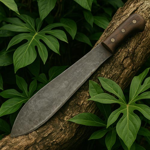 Old machete resting on a tree trunk surrounded by tropical leaves.