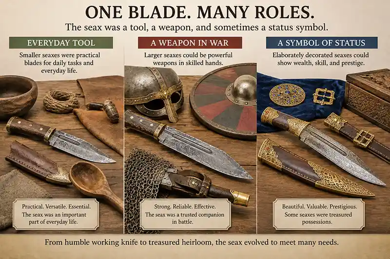 Seax knives shown as everyday tool, weapon, and status symbol