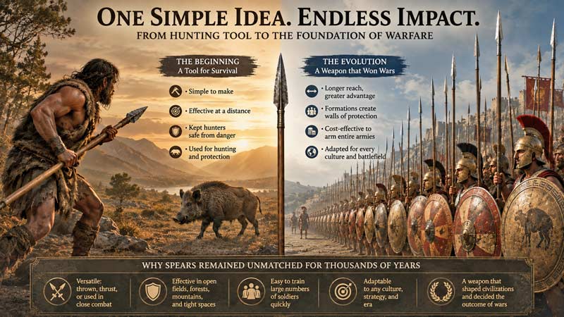 Historical evolution of spears from hunting tool to battlefield weapon infographic