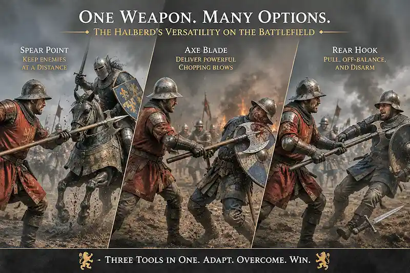 Medieval halberd demonstrating its spear point, axe blade, and rear hook against different battlefield opponents.