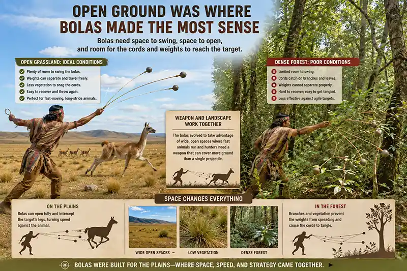 Bolas used on open grassland compared with dense forest terrain