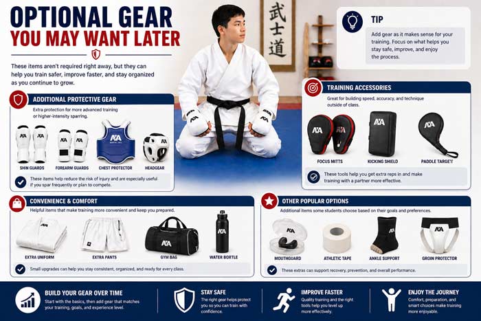 Infographic showing optional martial arts gear including shin guards, chest protector, focus mitts, and training accessories