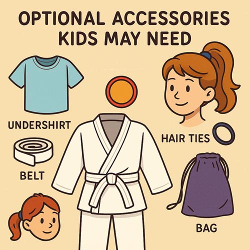 Illustration of kids martial arts accessories like undershirts, belts, hair ties, patches, and a gear bag.