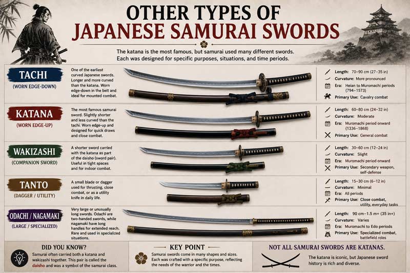 Infographic comparing different Japanese samurai sword types including tachi, katana, wakizashi, tanto, and odachi with historical details