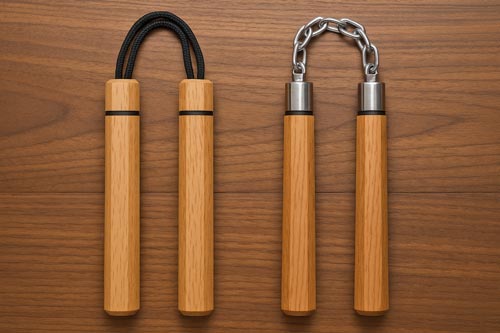 A corded pair and a chained pair of wooden nunchucks displayed side by side, with the corded set connected by two black cords.