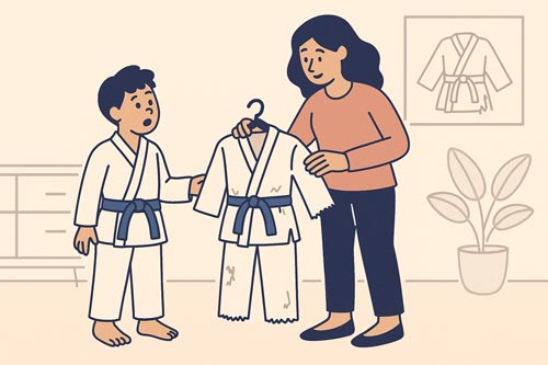 Parent showing a child that their martial arts uniform is worn out and needs replacing.