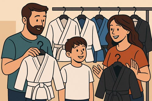 Family comparing martial arts uniforms in a store.
