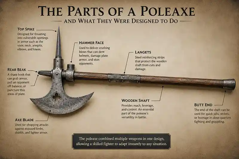 Diagram of a medieval poleaxe labeled with its axe blade, hammer face, top spike, rear beak, langets, shaft, and butt end.