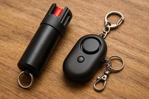 Black pepper spray canister and oval personal alarm keychain on a wooden table.