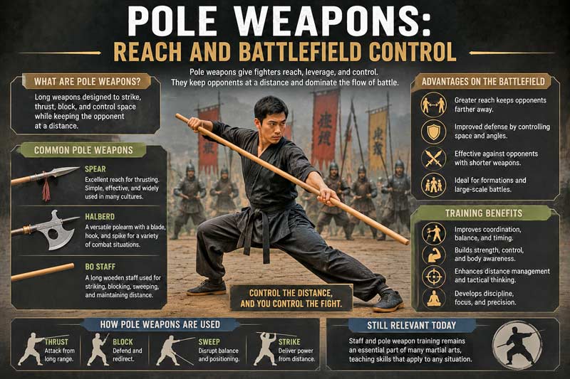 Martial arts pole weapons infographic showing bo staff, spear, and halberd techniques with a martial artist training for distance and control
