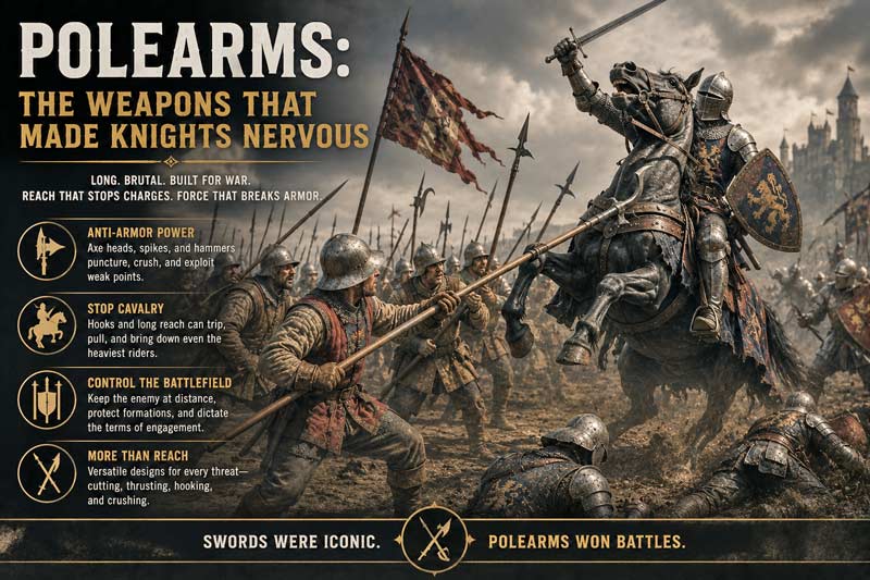 Medieval infantry using polearms to stop an armored knight on horseback during battle