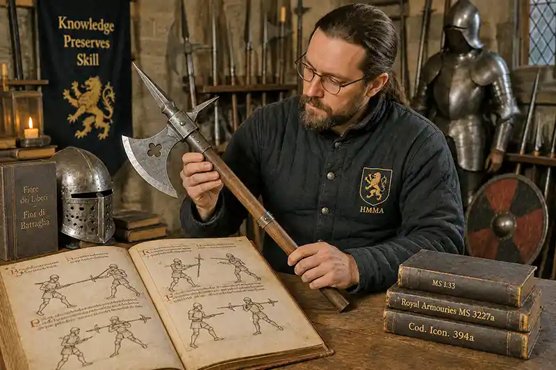 Historian studying a medieval poleaxe beside an illustrated combat manuscript in a medieval armory.