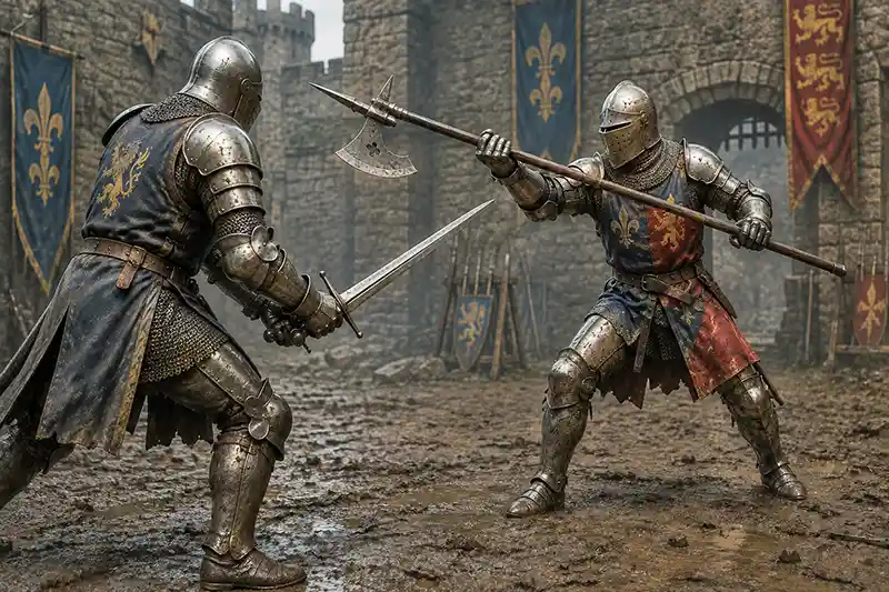 Armored knight with a poleaxe holding a swordsman at bay during a medieval duel.