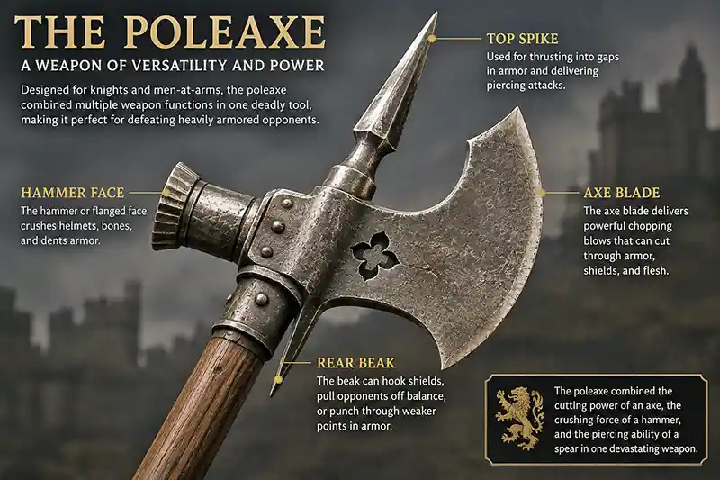 Close-up of a medieval poleaxe highlighting its axe blade, hammer face, top spike, and rear beak.