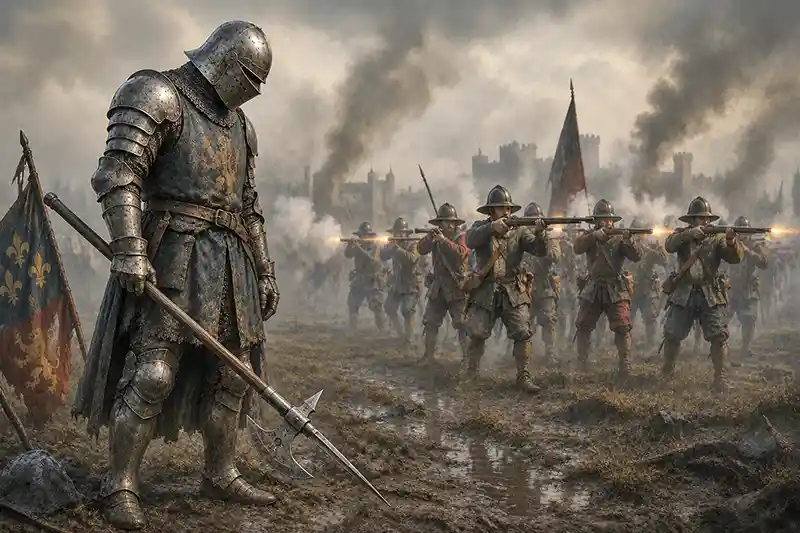 Armored knight lowering a poleaxe as musketeers advance across a smoke-filled battlefield, marking the end of the medieval age.
