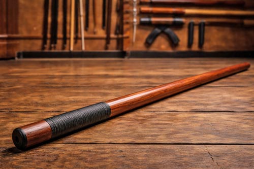 Polished bo staff on dojo floor