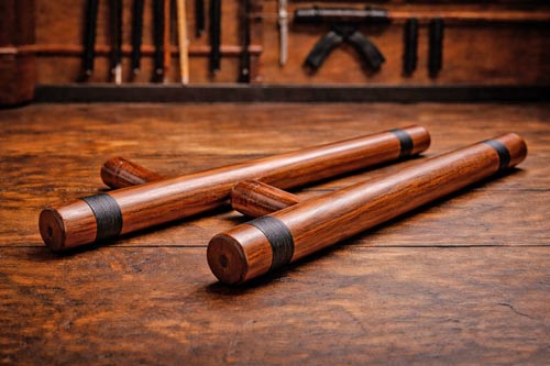Traditional wooden tonfa on a dojo floor
