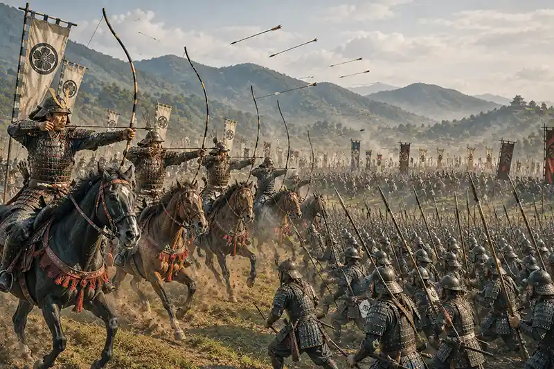 Mounted samurai archers and advancing yari formations fighting together during a large-scale battle in feudal Japan.