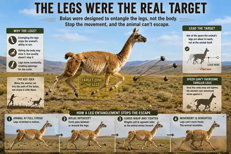 Bolas targeting the legs of a running guanaco to disrupt its movement