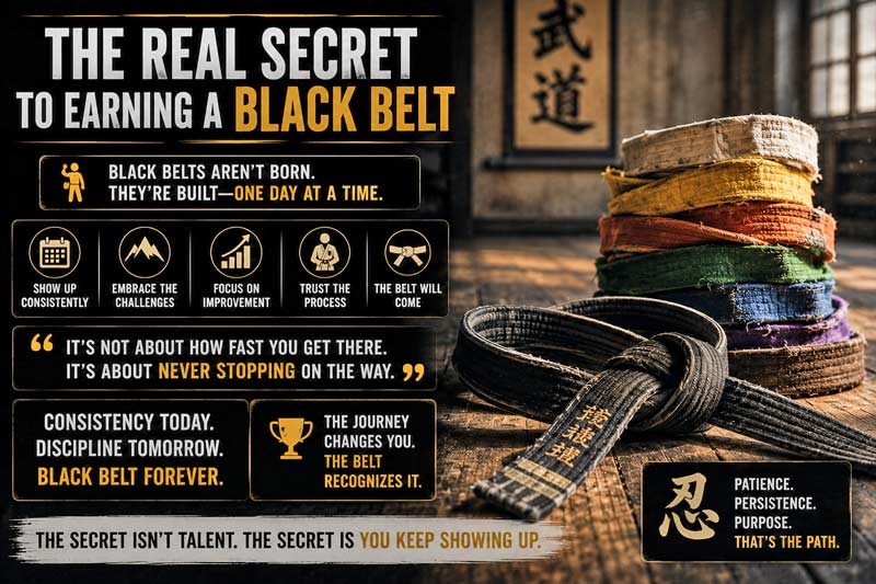 Image showing a worn black belt beside faded colored belts, symbolizing consistency, discipline, and the long journey to black belt.