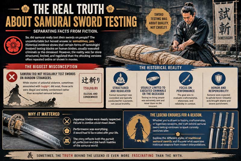 Infographic revealing the real truth about samurai sword testing and separating historical facts from myth.