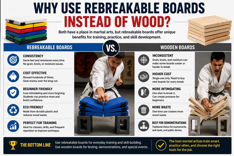 Infographic comparing rebreakable boards and wooden boards for martial arts training, highlighting differences in cost, consistency, durability, and beginner friendliness