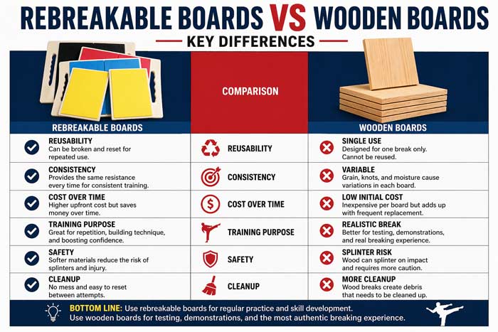 Infographic showing the differences between rebreakable boards and wooden boards
