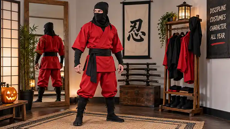 Adult wearing a red ninja uniform with coordinated black mask, sash, wraps, and tabi boots