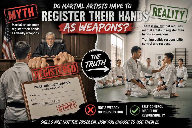 Myth vs reality illustration showing why martial artists do not legally register their hands as weapons and how martial arts emphasize discipline and self-control.