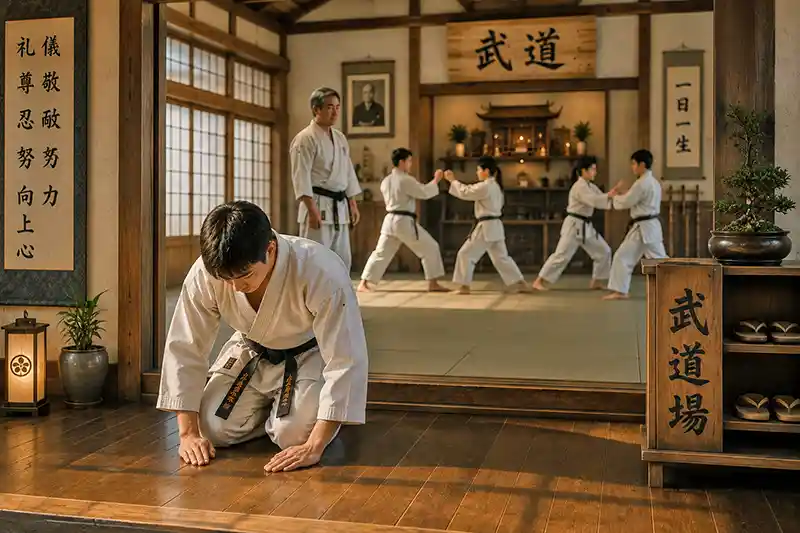 Martial artist bowing before entering a traditional dojo while students practice in the background