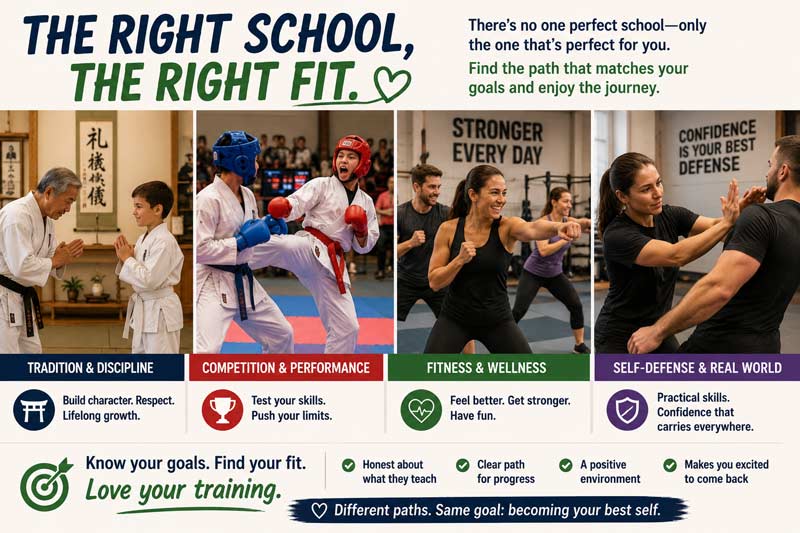 Collage showing different martial arts goals and training styles, including traditional discipline, competition, fitness, and self-defense, emphasizing finding the right school fit.