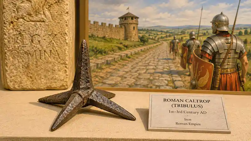 Ancient Roman caltrop displayed with Roman soldiers and fortified road