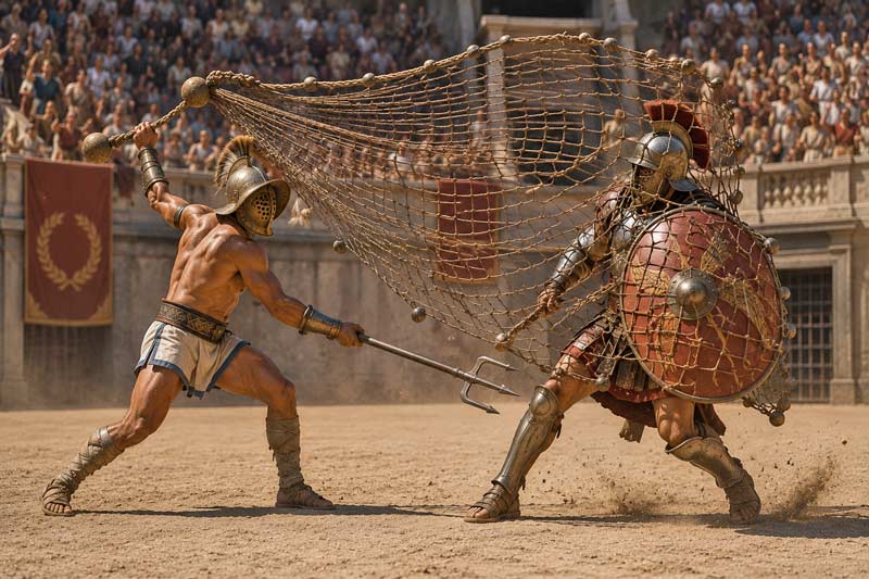 Roman retiarius casting a weighted net over an armored gladiator.