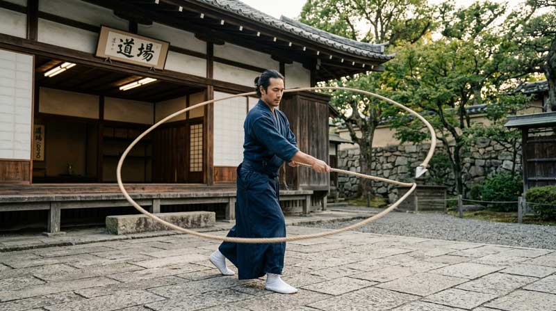 Martial artist practicing rope dart movements, showing flowing circular motion with a traditional flexible martial arts weapon