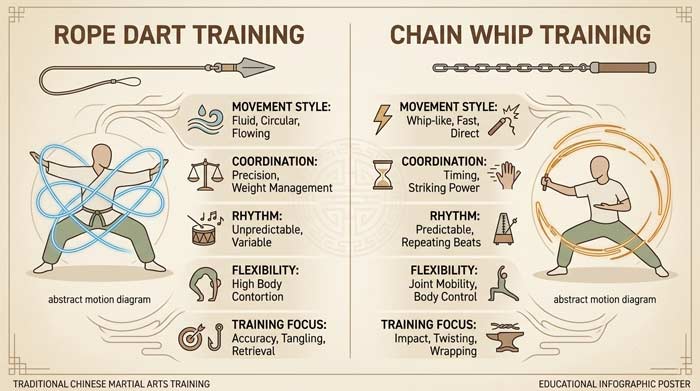 Infographic comparing rope dart and chain whip training systems, highlighting differences in movement style, coordination, rhythm, and flexible martial arts practice