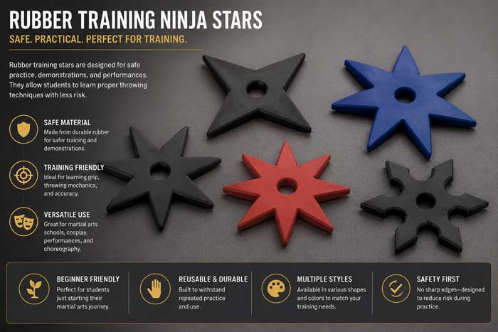 Infographic showing rubber training ninja stars designed for safer martial arts practice, demonstrations, and beginner throwing training