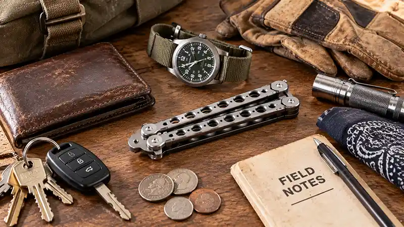 Closed butterfly knife displayed with everyday carry items on a wooden table