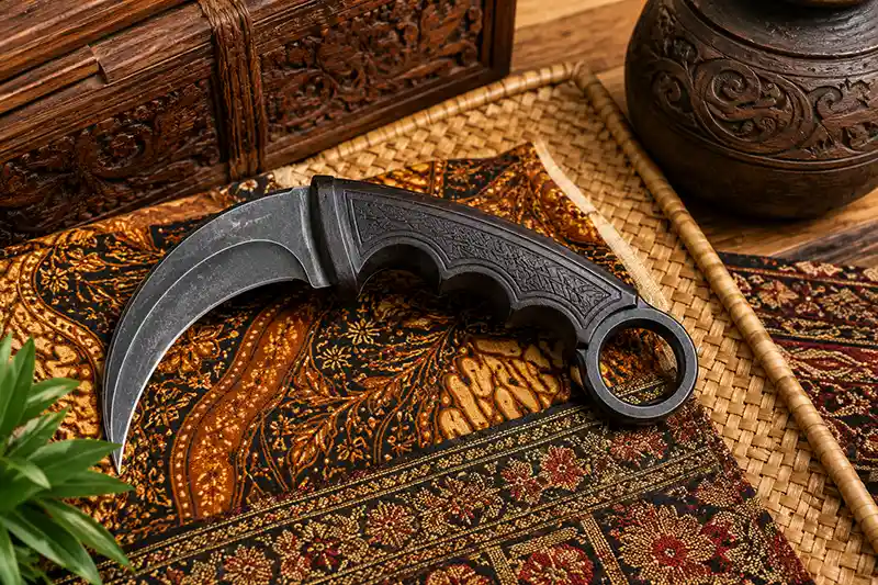 Curved karambit with finger ring displayed on traditional Southeast Asian textiles