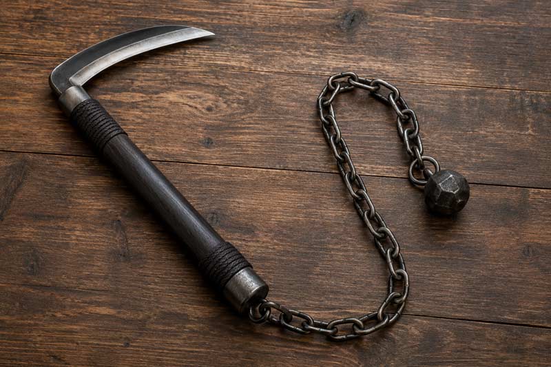 Traditional kusarigama with curved sickle blade, metal chain, and weighted end resting on a rustic wooden table