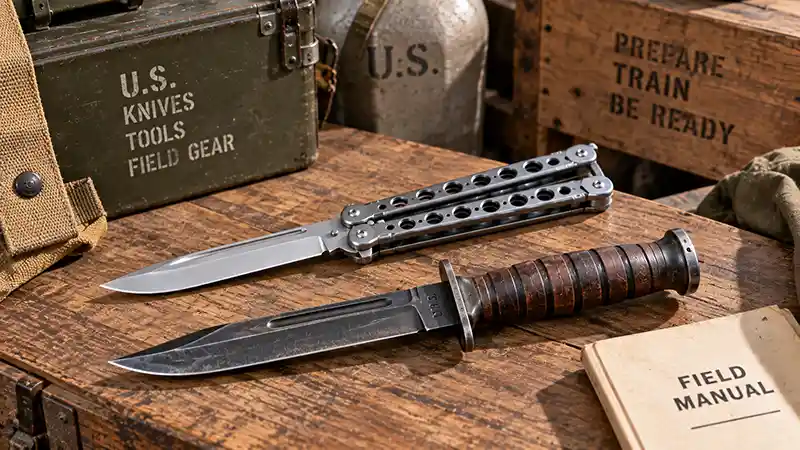 Open butterfly knife displayed beside a traditional fixed-blade military knife on a field table