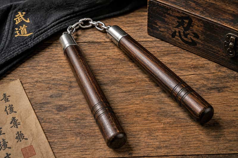 Traditional wooden nunchaku with metal chain resting on a rustic wooden table surrounded by martial arts-inspired decor and warm lighting