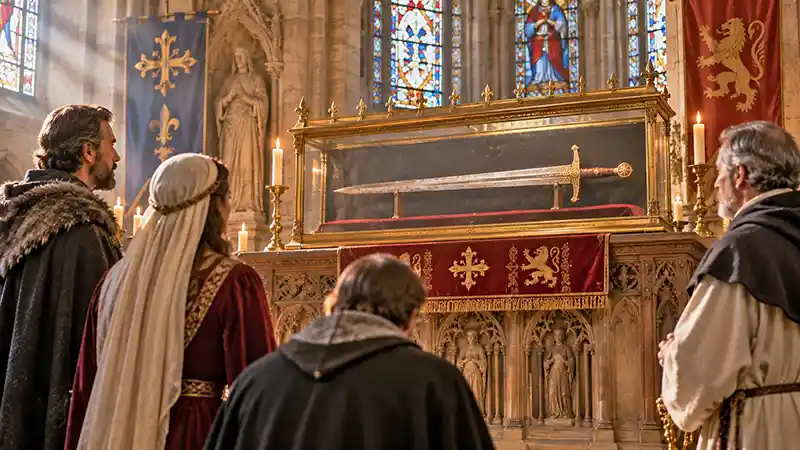 Medieval sword preserved and displayed as a revered relic after its warrior owners death