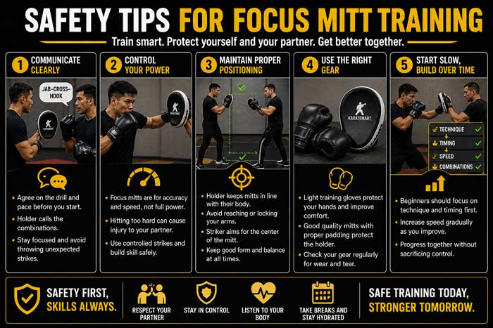 Infographic showing safety tips for focus mitt training including control, positioning, communication, and proper gear