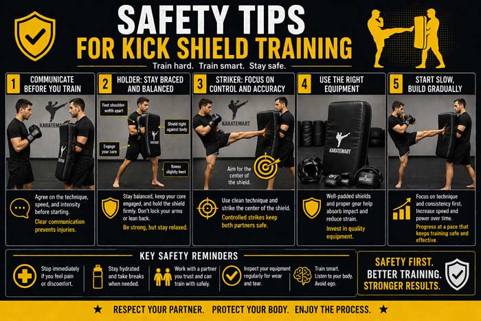 Infographic showing safety tips for kick shield training including communication, balance, control, proper gear, and gradual progression